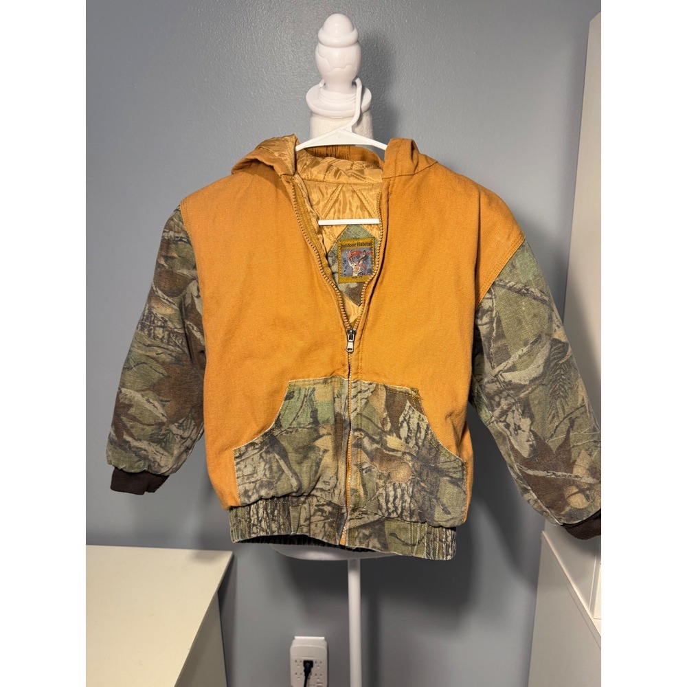 Outdoor Habitat Kids 7T Camo Canvas Hooded Jacket Quilted Work Coat Tan Green